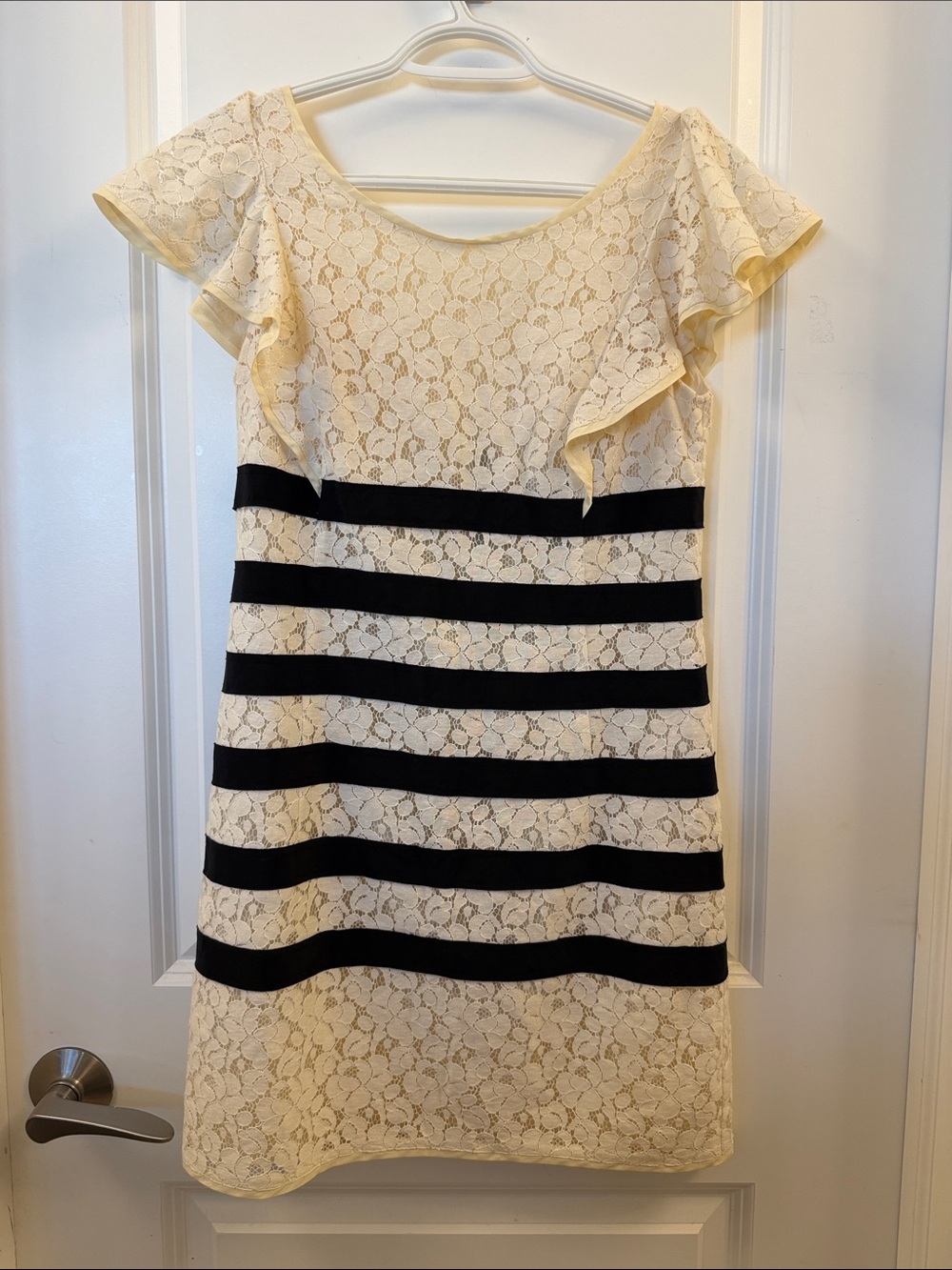 BCBGMaxAzria Ivory Lace Dress with Black Stripes